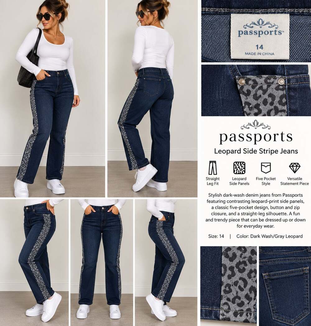 Passport Dark Wash Jeans Leopard Print Side Stripe Size 14